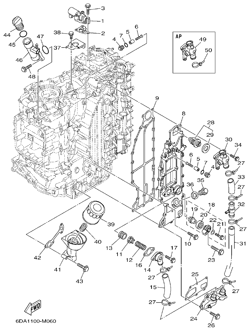 Yamaha F200FET, FL200FET CYLINDER & CRANKCASE 3 parts diagram